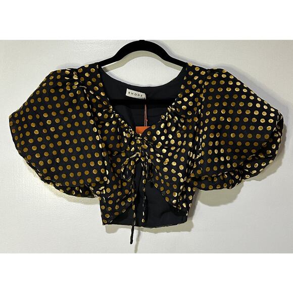 Rhode Resort Lana Top Size 0 XS NWT Dot Jacquard Print Puff Sleeves Tie Keyhole - Picture 2 of 13